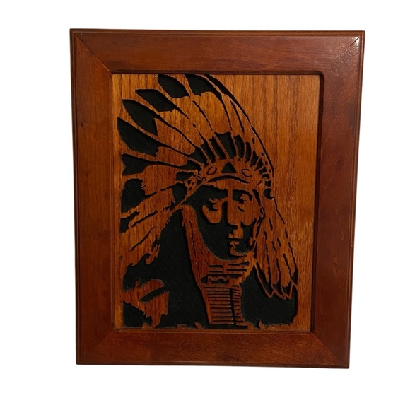 Carved Sawed Wood Framed Native Chief Wood Crafts Folk Art